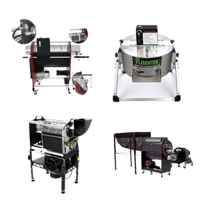 Motorized tumble trimmers and bladed tabletop bud trimming machines